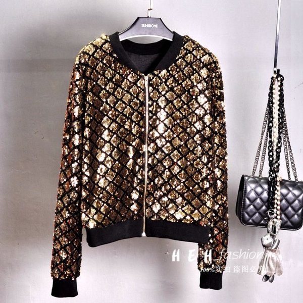 Neue Paillettenjacke, kleiner Mantel, Rundhalsausschnitt, lange Ärmel, vielseitig, kurz, Hongkong-Stil, schickes Top, Baseballuniform für Damen