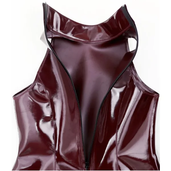 Robe Mini Femme Coaplsy à Col Montant Sans Manches en PU Double Face Effet Mouillé PVC Réversible Moulante et Ajustée aux Hanches