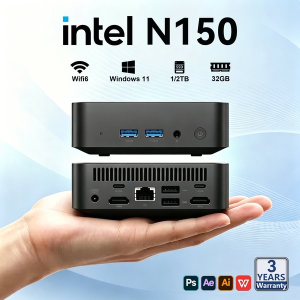 Mini PC Portable Intel N150 2026, 16 Go/32 Go RAM, 1 To/2 To SSD, PC de Jeu, Windows 11 Pro, Wifi 6, BT5.2, pour Bureau, Études et Gaming