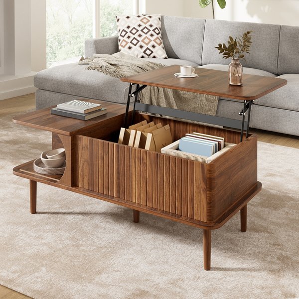 Modern Retro Height Adjustable Living Room Table Sliding Door Vertical Groove Design Multifunctional Storage Coffee Table