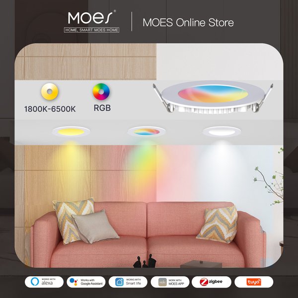 MOES ZigBee Downlight Tuya cienkie przyciemniane lampa punktowa 6W RGB zmiana ciepła fajne światło pracy z Alexa Google Home Smart Life In Party