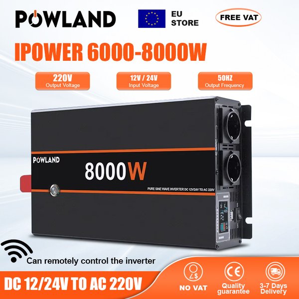 POWLAND Hochleistungs-6000W-8000W Reiner Sinus-Wechselrichter DC 12V zu AC 220V mit LCD-Display und 2 Europäischen Steckdosen 2,1A USB EU STORE