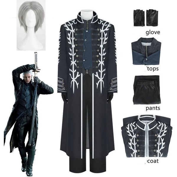 Devil May Cry 5 Vergil Cosplay Kostüm Horrorfilm-Spiel Gleichartiger Langer Trenchcoat Komplettes Outfit DMC5 Vergil Vollständiger Anzug Mantel