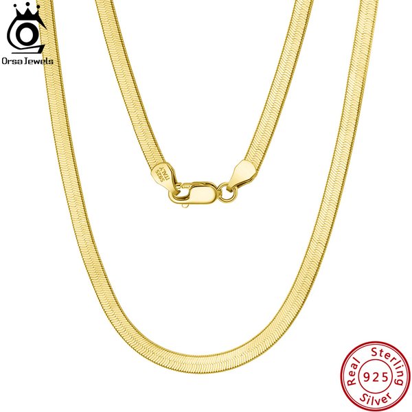 ORSA JEWELS 925 Sterling Silver 3mm Gold Flexible Flat Chain Herringbone Snake Chain Necklace for Women Neck Chain Jewelry SC35