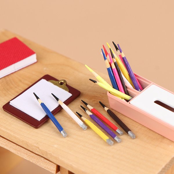 8Pcs 1:12 Puppenhaus Miniatur Stift Mini Farbige Bleistift Schule Liefert Modell Kind Pretend Spielen Spielzeug Puppe Haus Zubehör