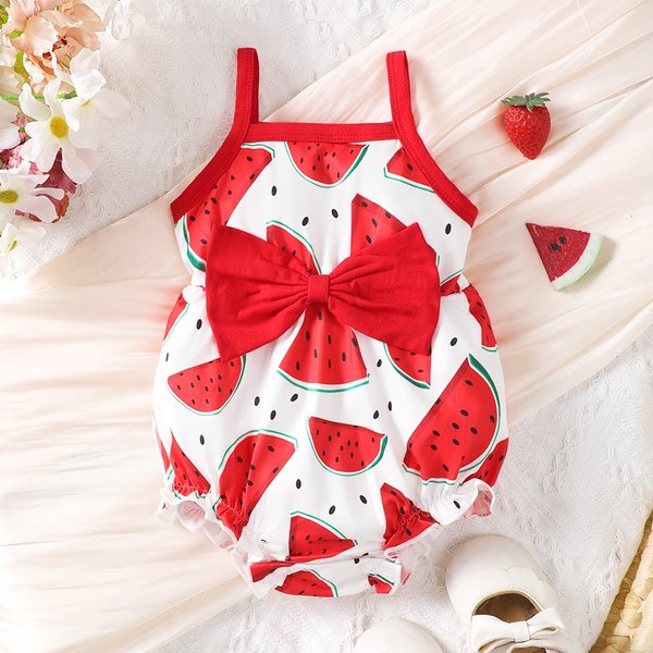 Harnissan-Sling d'été sans manches pour nouveau-né fille de 0 à 2 ans, écharpe avec nœud, imprimé pastèque rouge, mignon, une pièce triangle