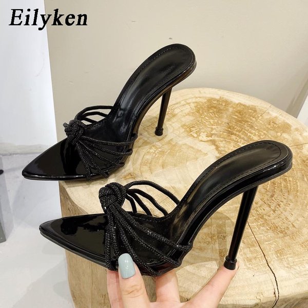 Eilyken Sexy talons hauts pantoufle pour femmes mode d'été cristal bande étroite bout pointu diapositives décapant fête sandale Mule chaussures