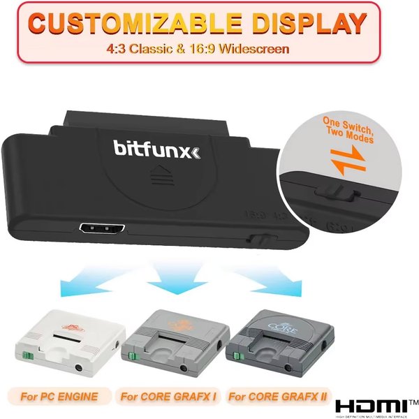 BitFunx RVB vers HDMI 1080p ™ Adaptateur pour Console de moteur PCE, prise en charge du convertisseur vidéo de commutation 16:9 et 4:3, pour la série Core Grafx
