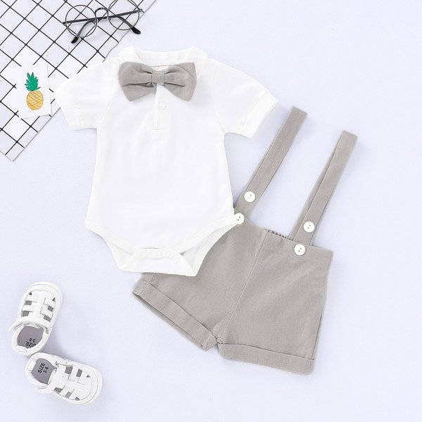 0-24 Months Baby Boy Outfits Gentlemen Suit Wedding Party Set Lapel Romper with Bow Tie+Suspender Shorts 2PCS Summer Wear