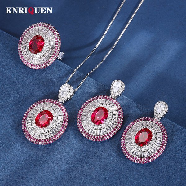 Ensemble de bijoux fins Vintage pour femmes, 8x10mm, pierres précieuses rubis, collier, pendentif, boucles d'oreilles, diamant de laboratoire, fête de mariage, cadeau d'anniversaire
