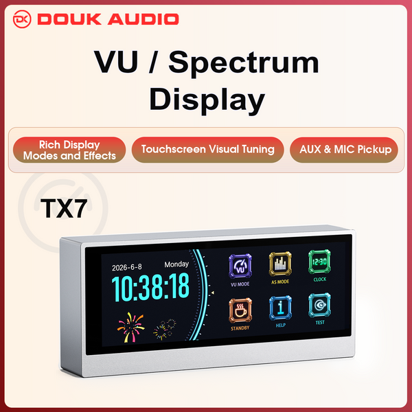 Douk Audio Lab TX7 VU-Meter Audio-Spektrum-Visualisierer Digitale Tischuhr AUX MIC-Empfänger Desktop-Deko für Audiophile Heimstudio