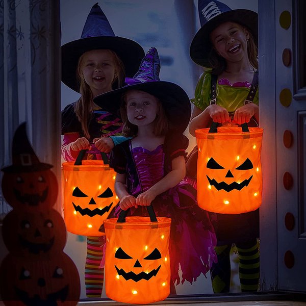 LED-Licht Halloween Süßes oder Saures Eimer Kürbis Süßigkeiten Taschen Zusammenklappbarer Halloween-Korb für Thanksgiving Party Geschenkkorb