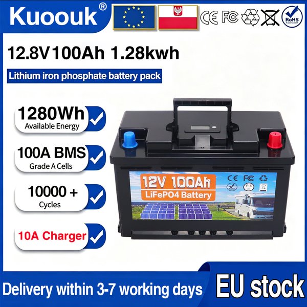 12V 100Ah 350Ah LiFePo4-Batterie mit integriertem 100A BMS-Schutz, Zellen der Güteklasse A+, 1280Wh Energie, für Wohnmobile, Solaranlagen, netzunabhängige Systeme, Marine-Trolling-Motoren, tragbare