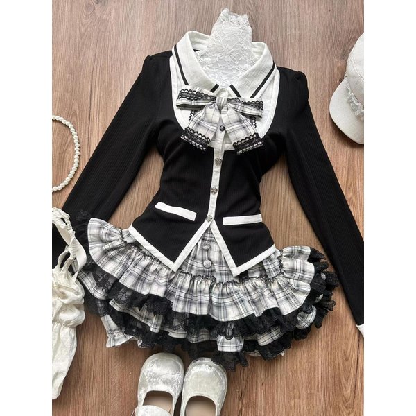 Vintage 2 Stück Herbst Kleidung Y2k Harajuku Spitze Gitter Rock Mädchen Kleider Adrette Mode Koreanische Bogen Frauen T-Shirt Kleid Elegant