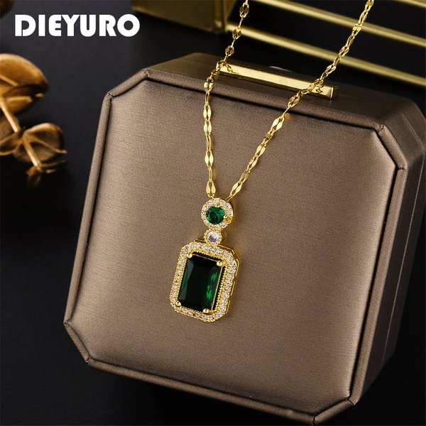 DIEYURO 316L acier inoxydable carré vert rouge Zircon pendentif collier pour femmes classique luxe filles bijoux chaîne cadeau d'anniversaire