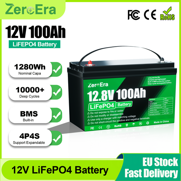 ZeroEra 12V 100Ah LiFePO4 Batterie 1280Wh Hohe Kapazität Eingebautes BMS 10000+ Zyklen Lithium-Eisenphosphat-Batterie Unterstützt 4S4P-Verbindung für Wohnmobile, LKWs, Camper, Reisen, Zuhause,