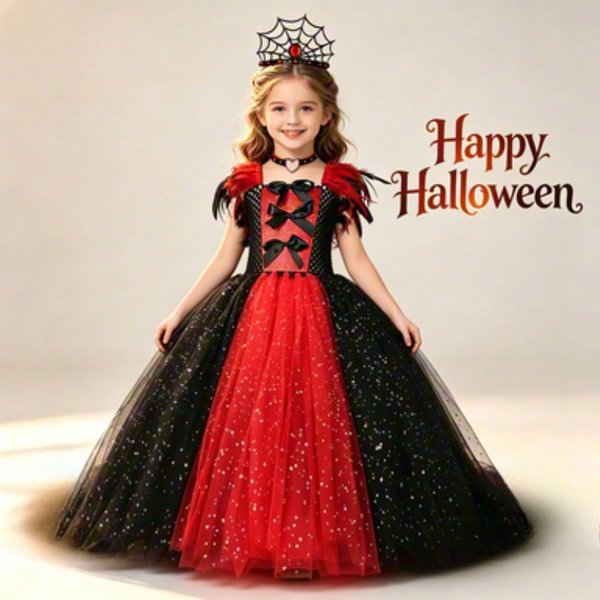 Ensemble de robes longues en tulle à paillettes pour enfants, rouge et noir, robe de reine pour enfants, Halloween, carnaval, robe de soirée exquise pour les rassemblements