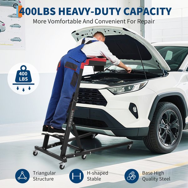400LBS Klappbarer Motorreparaturstuhl, Höhenverstellbar 48"-66", 6 Schwenkrollen, Dicke Polsterung & Werkzeugtasche für Auto-, LKW- und SUV-Reparaturen