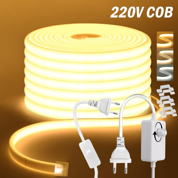 Bande lumineuse LED COB avec interrupteur ue/prise de variateur 220V 230V 240V, étanche IP65, lampe pour armoire de cuisine, ruban 3000K 4000K 6000K