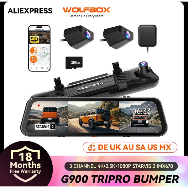 WOLFBOX G900 Tripro Version pare-chocs 3 canaux 4K rétroviseur caméra de tableau de bord, STARVIS 2 IMX678, commande vocale, comprend une carte 256G