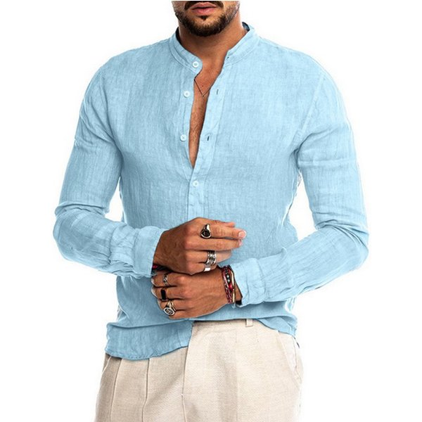Chemises à manches longues pour hommes, en coton et lin, couleur unie, col montant, décontracté, Style de plage, grande taille, offre spéciale, été