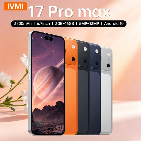 Smartphone IVMI 17Pro Max Android 10.0, écran 6,7 pouces, 3+16 Go, 5+13 MP, batterie 3500 mAh, compatible Google Play Store.