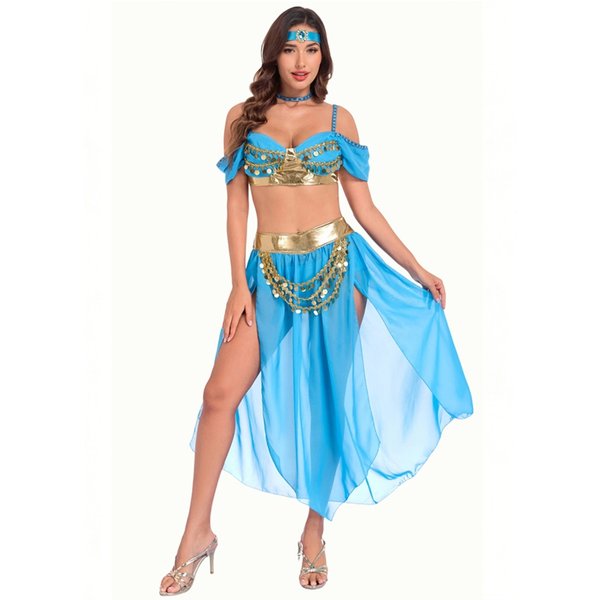 Arabian Nights Belly Dance Costume Women Blue Gold Genie Princess Costume Magic Lamp Theme Outfit Cosplay Halloween Party Dress