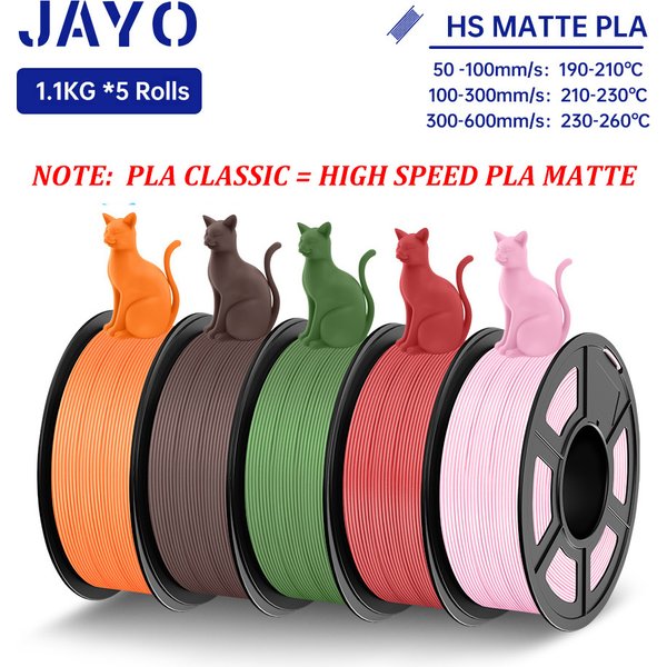JAYO Hochgeschwindigkeits-PLA-Matt-3D-Filament 1,75 mm PLA-3D-Drucker-Filament 5 Rollen/Set Ordentlich gewickelte 3D-Druckmaterialien mit mattem Effekt