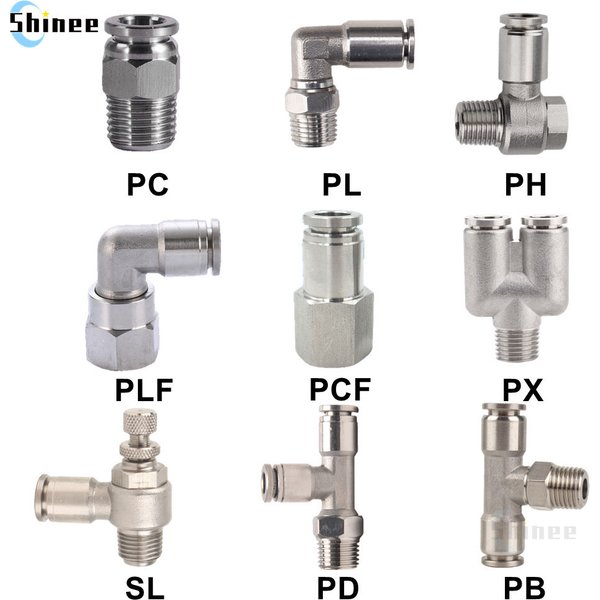 Pneumatischer Schnellverbinder aus Edelstahl 304, PC/PCF/PL/PLF/SL/PB/PX/PH/PD, 4 mm, 6 mm, 8 mm Gewinde, 1/8 1/4 3/8 Schlauchanschlüsse