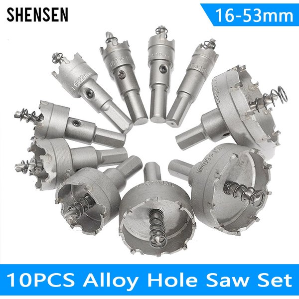 10Pcs16-53mm Alloy Hole Saw Set Carbide Tip TCT Metal Cutter Core Drill Bit Kits for Stainless Steel Metal Drilling Crown