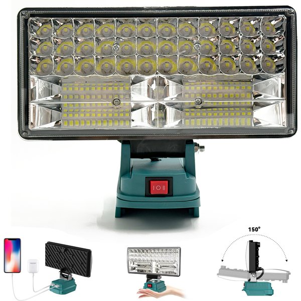 Kabellose LED-Arbeitsleuchte Kompatibel mit Makita-Akkus, Zweistufig Einstellbare Flutlichtleuchte bis zu 90W 5400 Lumen mit USB-Ladeanschluss
