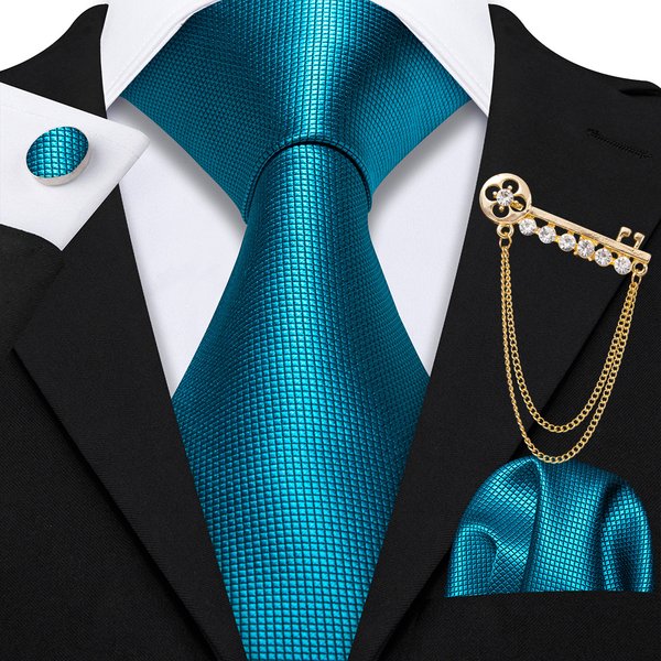 Cravate de mode bleu sarcelle pour homme avec broche, pochette de costume et boutons de manchette – Ensemble élégant de cravates unies pour marié, mariage et fête 0221