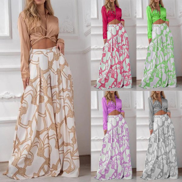 Cross-border women's new printed casual suit lapel sexy lace-up shirt high waist wide leg pants two-piece set
