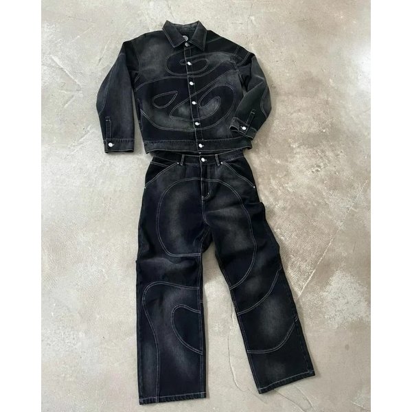 Patch Jeans Retro Striped Embroidered Jacket Two-Piece Set Y2k Suit Men's Harajuku hiphop Embroidered Loose Jeans Old Jacket