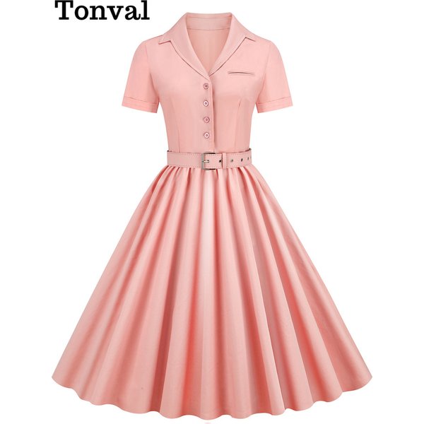 Tonval rose solide coton longue Robe boutonnée plaine Vintage élégant femmes à manches courtes ceinturé plissé Midi robes trapèze