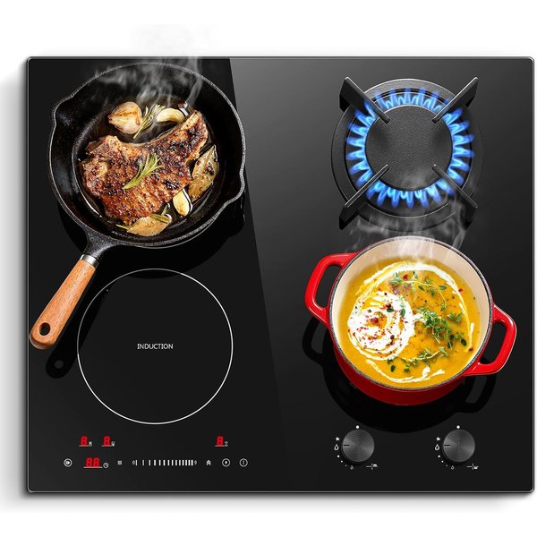 SNODAS 60cm Gas- & Induktions-Hybridkochfeld, 6900W 4 Zonen, Boost-Funktion, 9-stufige Touch-Steuerung, Timer & Kindersicherung, Schwarzes Glas
