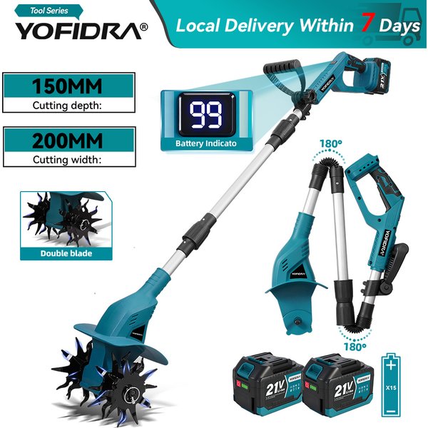 YOFIDRA 200MM Motoculteur rotatif électrique de jardin 180 ° Outil de retournement du sol pliable pour tondeuse à gazon, compatible avec la batterie Makita