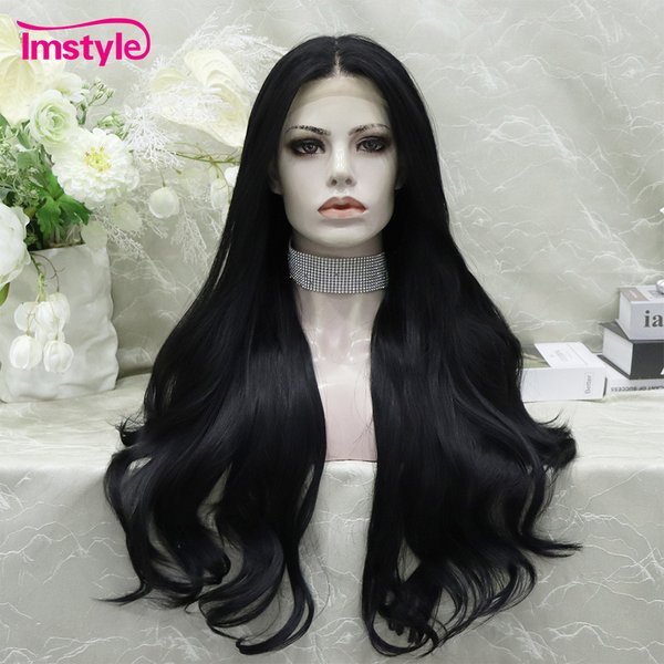 Imstyle – perruque Lace Front Wig synthétique noire, longue, en Fiber résistante à la chaleur, ondulée naturelle, perruque de Cosplay quotidienne pour femmes