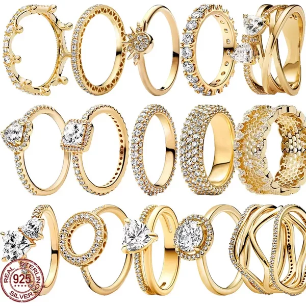 Hot selling 925 sterling silver exquisite gold series ring, sparkling heart-shaped crown ring, fashionable charm jewelry gift