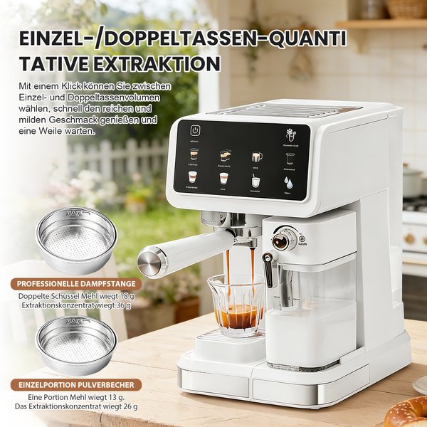 Weiße 20-Bar-Espressomaschine mit TFT-Touchscreen, integriertem Milchaufschäumer, automatischer Reinigung, Vorinfusion und kompakter Bauweise