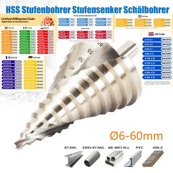 6–60 mm Titan-Kegelbohrer, Schnellarbeitsstahl, professioneller Leiterbohrer, Spüle, Stufenbohrer, HSS