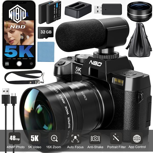 NBD 5K&48MP Digitalkameras Fotografie 16X Digitalzoom Kamera Reise-Vlogging-Kameras 52mm Makroobjektiv 180 ° Flip-Screen-Mikrofon mit langer Akkulaufzeit als Geschenk