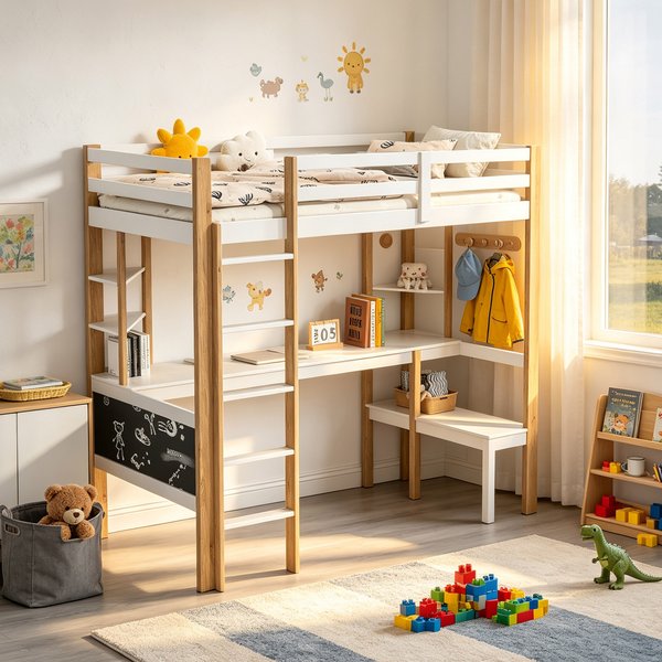 Lit mezzanine Comanlai 90 x 200 cm avec protection contre les chutes et sommier à lattes pour enfants, lit mezzanine avec bureau, échelle et tableau de graffiti