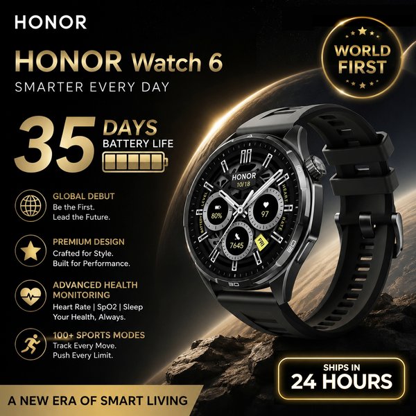 Honor Watch 6 nowy smartwatch 1,46" AMOLED Do 35 dni pracy na baterii Ponad 120 trybów treningowych i monitorowania stanu zdrowia Wodoodporność 5ATM, ochrona IP69, Bluetooth 5.4