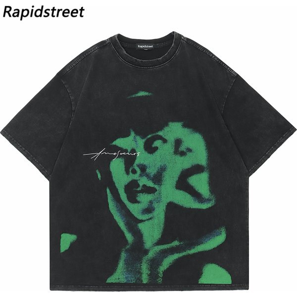 Vintage Punk Men Oversize TShirt Streetwear HipHop Abstract Graphic Print Distressed T Shirt Harajuku Gothic Loose Tee Tops