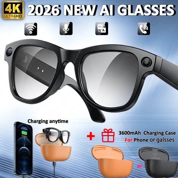 Lunettes intelligentes 4K HD IA 2026 avec caméra 800MP, appels Bluetooth, batterie 290mAh, 32 Go, commande vocale et assistant vocal 2026