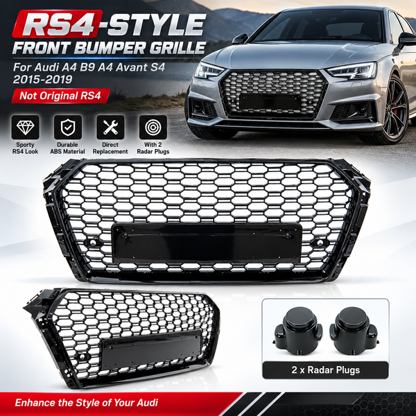 RS4-Style glänzend schwarzer Wabengrill für die Frontstoßstange mit 2 Radar-Steckern für Audi A4 B9 A4 Avant S4 2015-2019, kein Original RS4