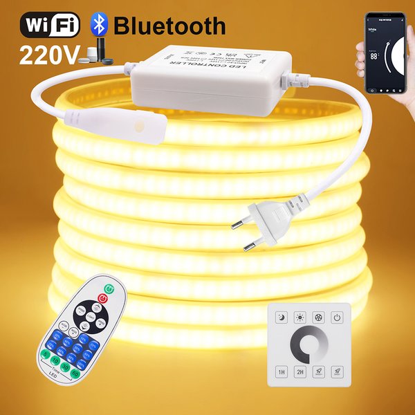 Bande Lumineuse Néon LED COB Tactile Murale, Wifi, Bluetooth, Télécommande 23 Touches, 220V, Gradateur, Kit d'Alimentation, 5m, 10m, 20m, 40m, 0.5m, KampLED/m Flex
