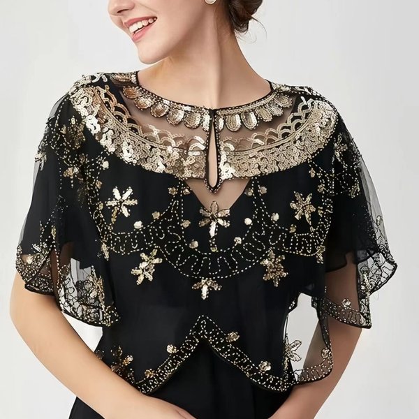 Eleganter Schal mit barocker Paillettenstickerei – Flapper-Party-Vertuschung aus den 1920er Jahren – einfarbiges und atmungsaktives Mesh