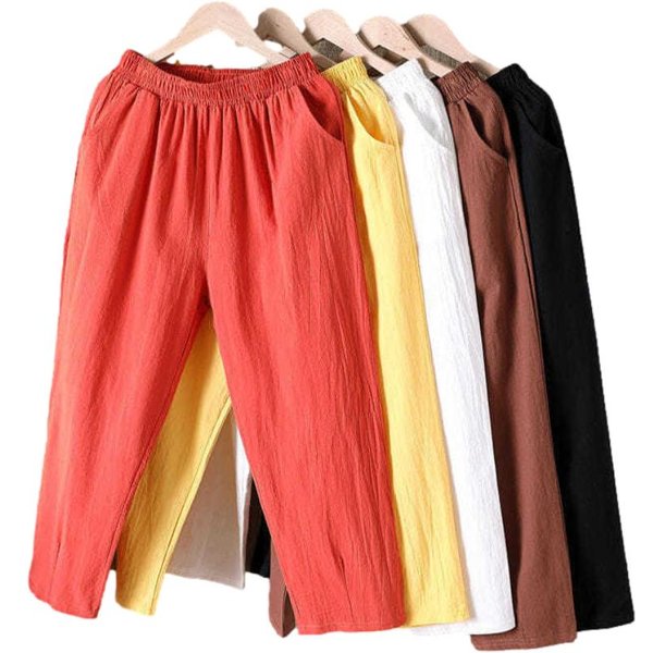 Frauen Sommer Casual Lose Harem Elastische Taille Baumwolle Leinen Hosen Neunte Hosen